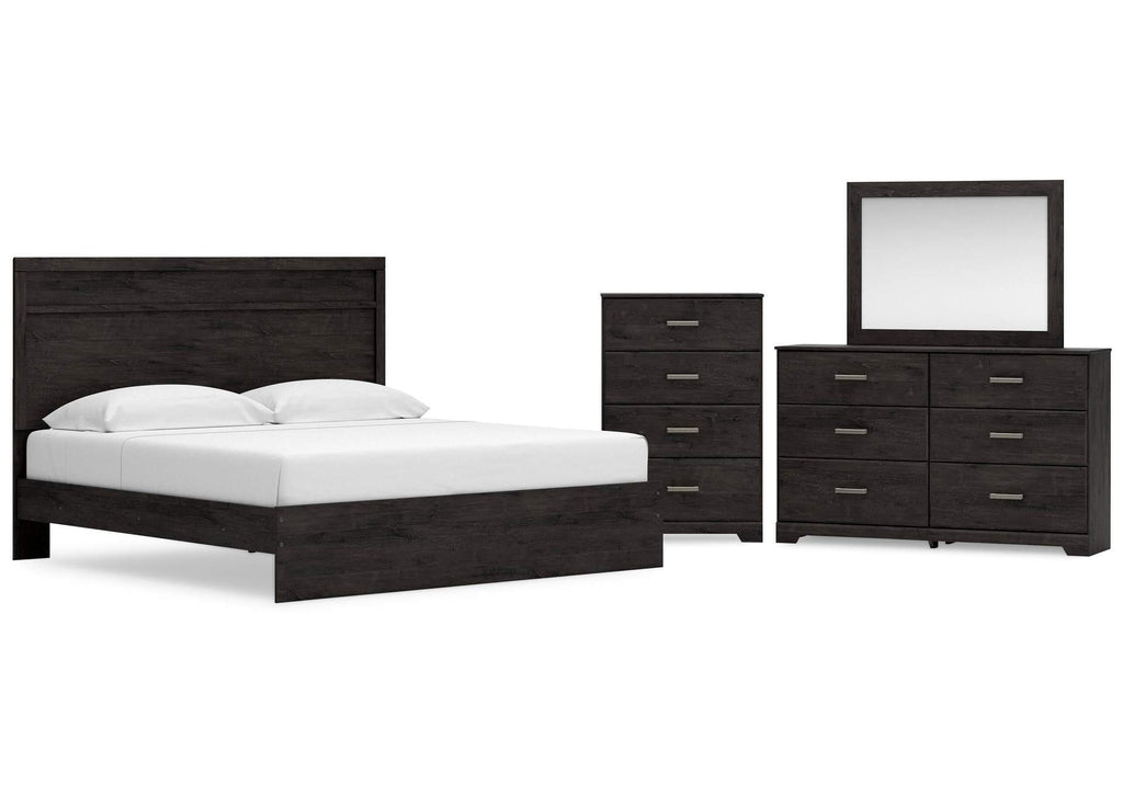 Belachime King Panel Bed with Mirrored Dresser and Chest