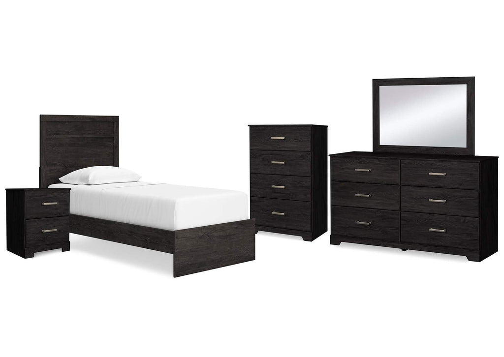 Belachime Twin Panel Bed with Mirrored Dresser, Chest and Nightstand