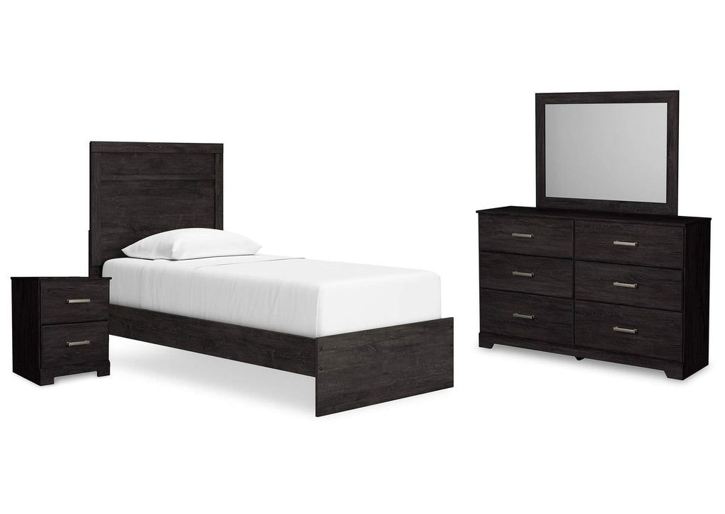 Belachime Twin Panel Bed with Mirrored Dresser and Nightstand