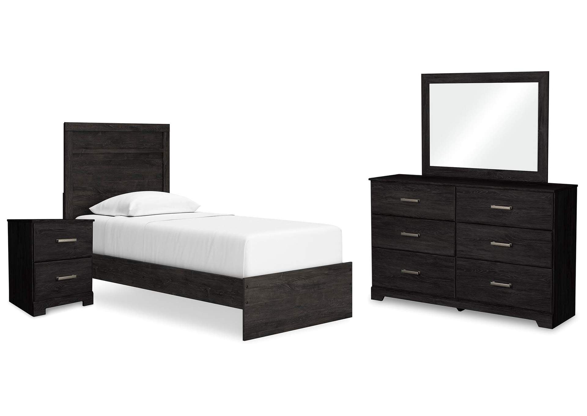 Belachime Twin Panel Bed with Mirrored Dresser and 2 Nightstands