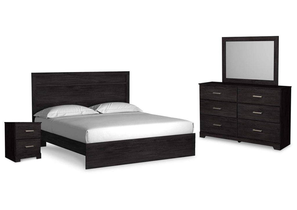 Belachime King Panel Bed with Mirrored Dresser and Nightstand