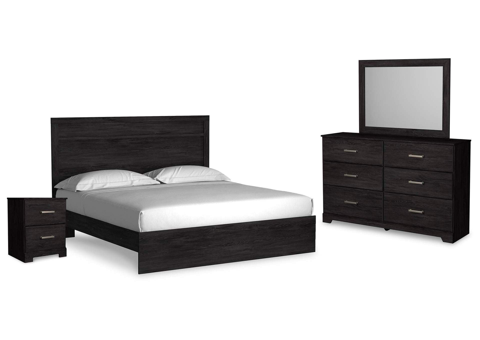 Belachime King Panel Bed with Mirrored Dresser and Nightstand