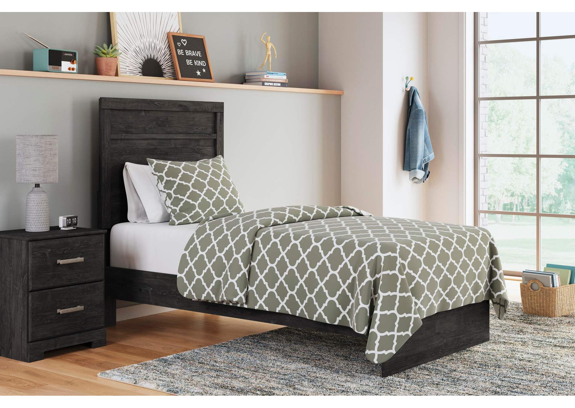 Belachime Twin Panel Bed with Mirrored Dresser and 2 Nightstands