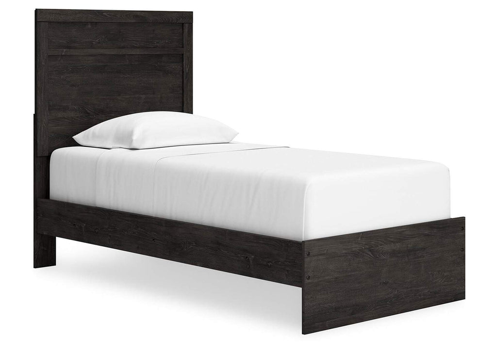 Belachime Twin Panel Bed with Mirrored Dresser and 2 Nightstands angled view