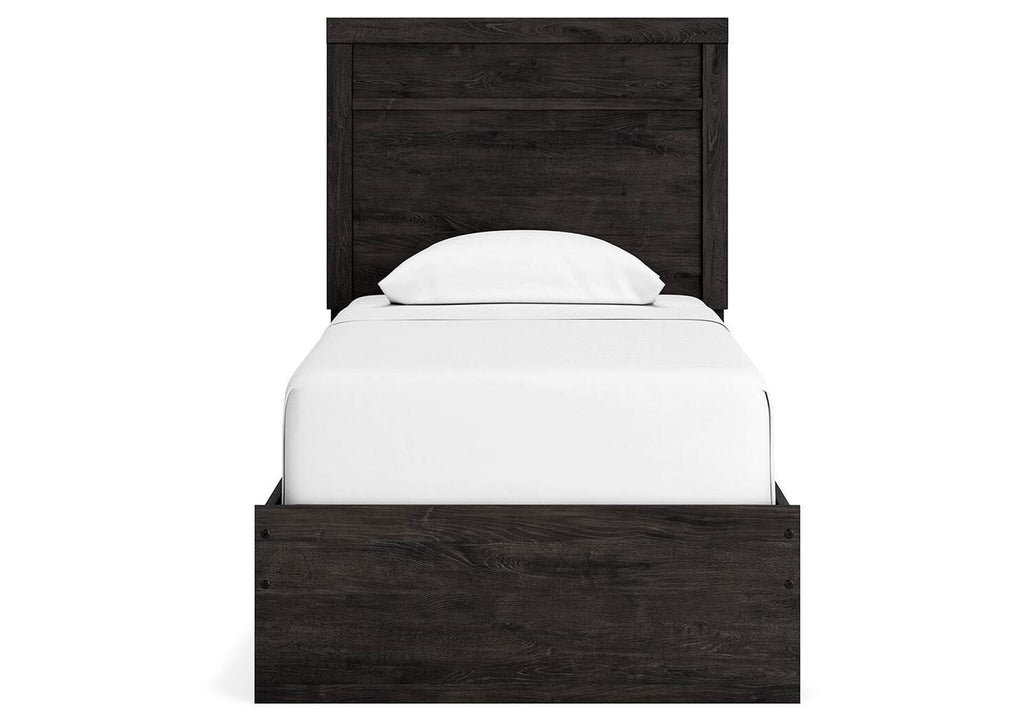 Belachime Twin Panel Bed with Mirrored Dresser, Chest and Nightstand front view