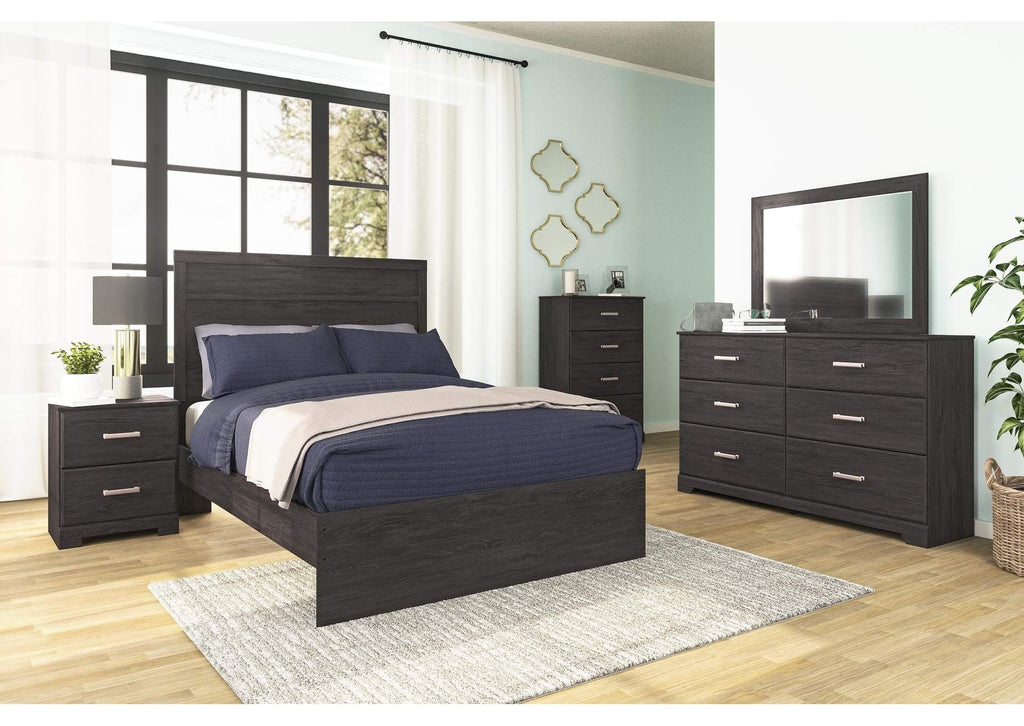 Belachime Full Panel Bed with Mirrored Dresser, Chest and 2 Nightstands