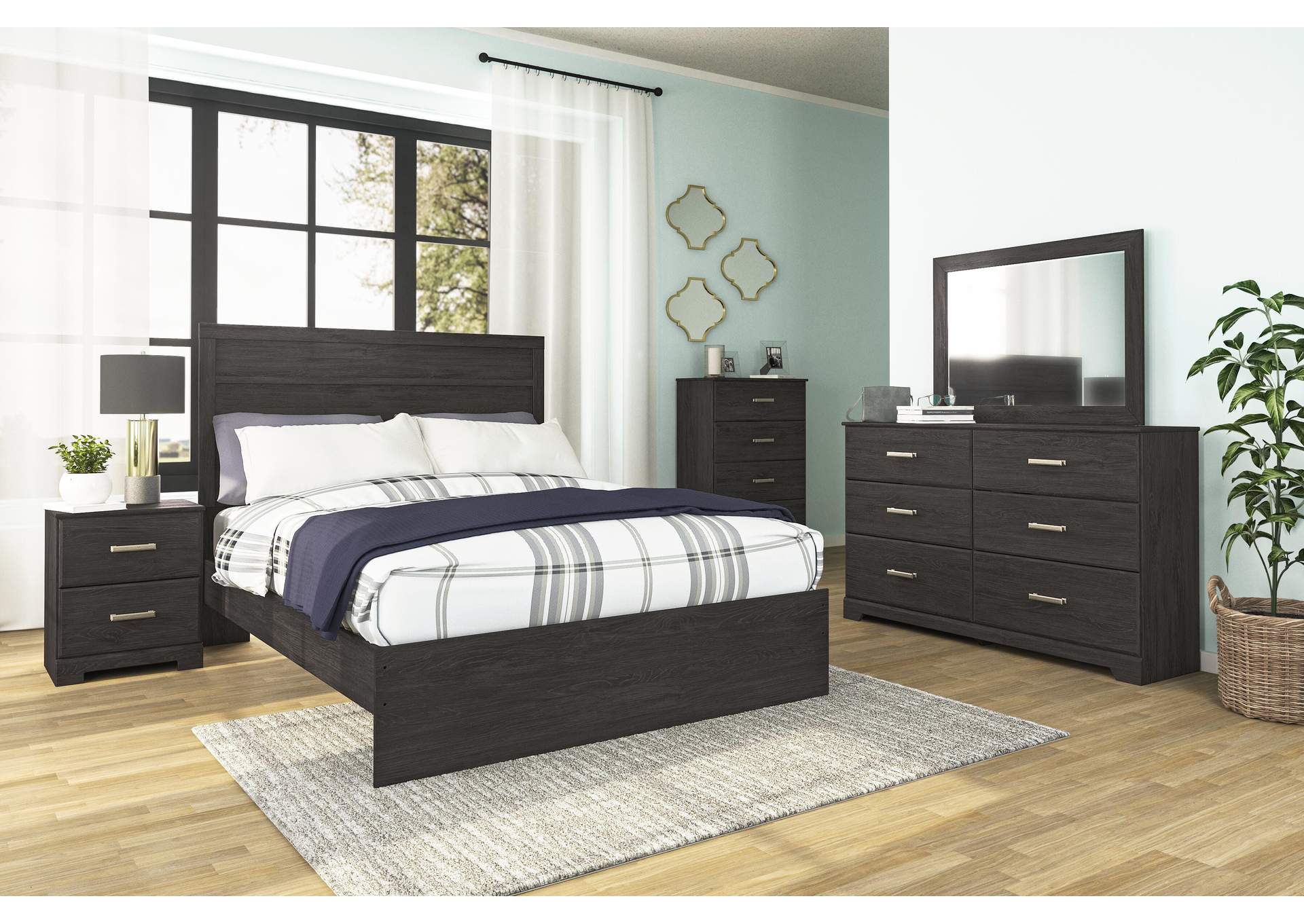 Belachime Queen Panel Bed with Mirrored Dresser and Chest