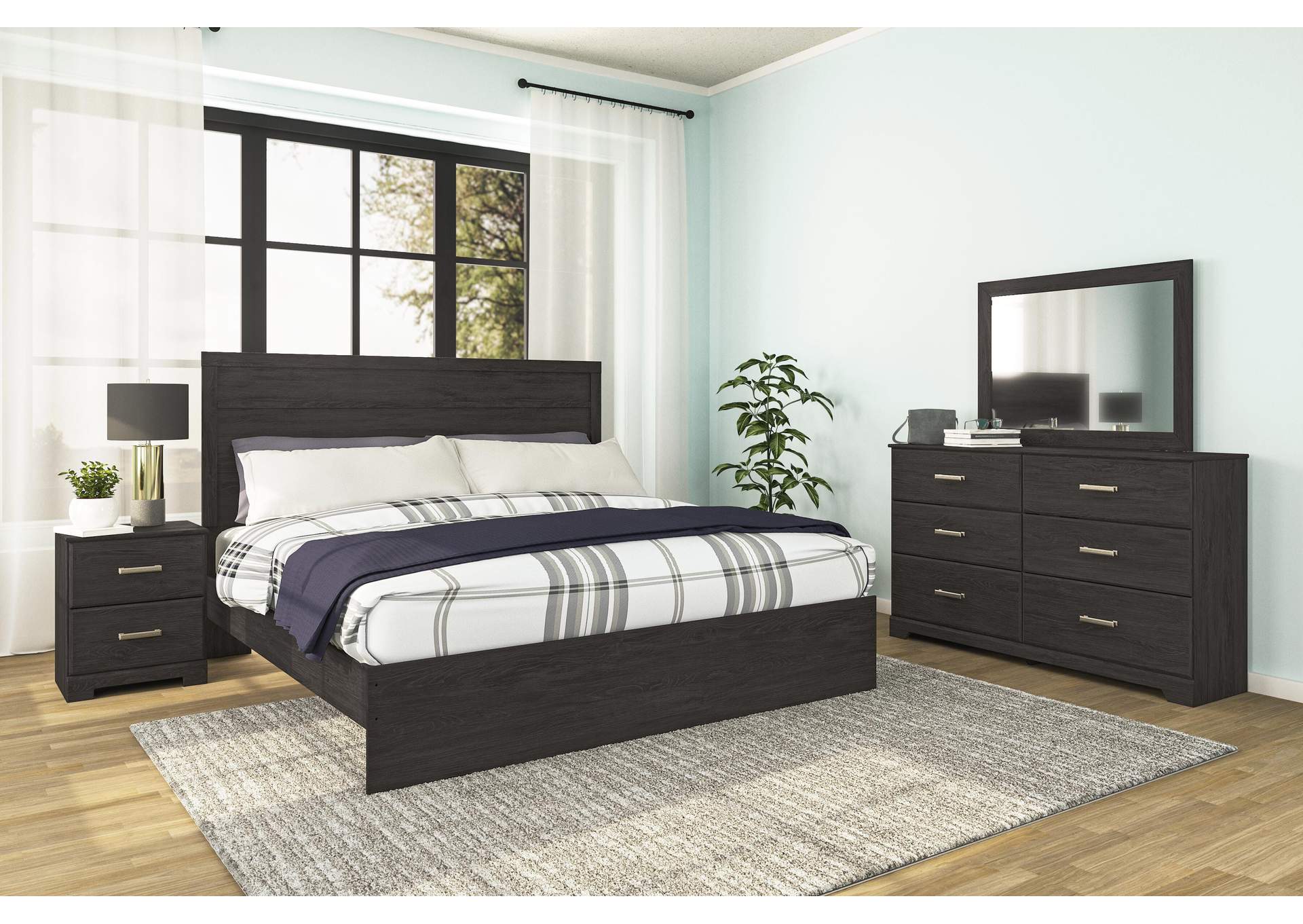 Belachime Full Panel Bed with Mirrored Dresser and 2 Nightstands