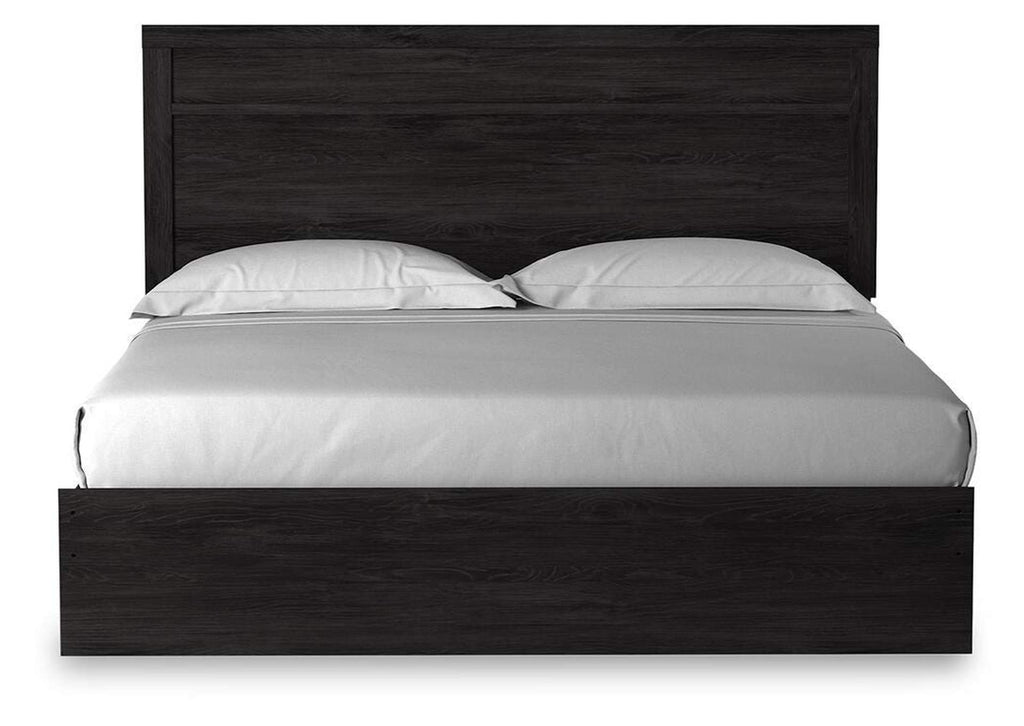 Belachime King Panel Bed with Mirrored Dresser, Chest and 2 Nightstands front view