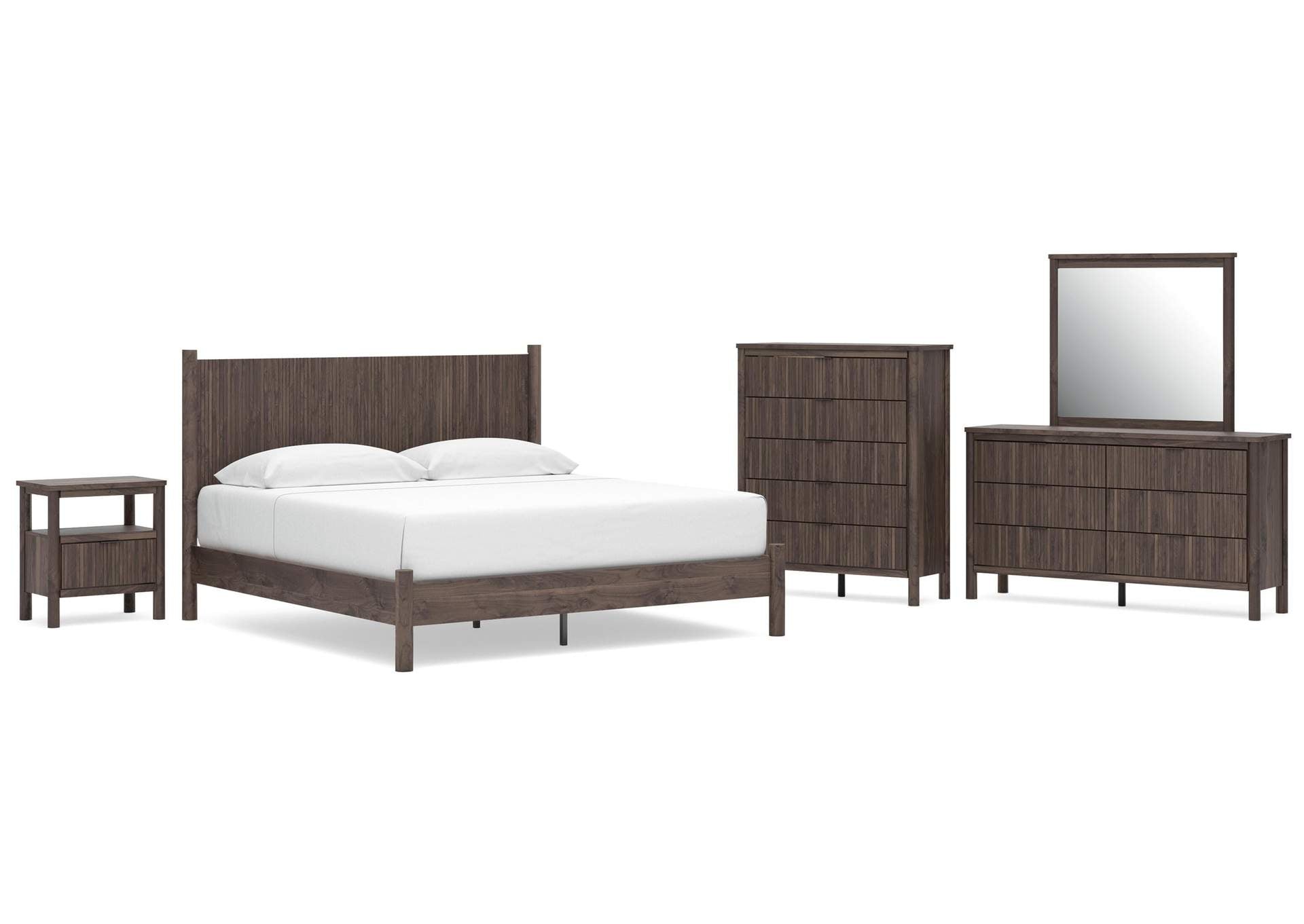 Cadmori King Panel Platform Bed, Dresser, Mirror, Chest and Nightstand