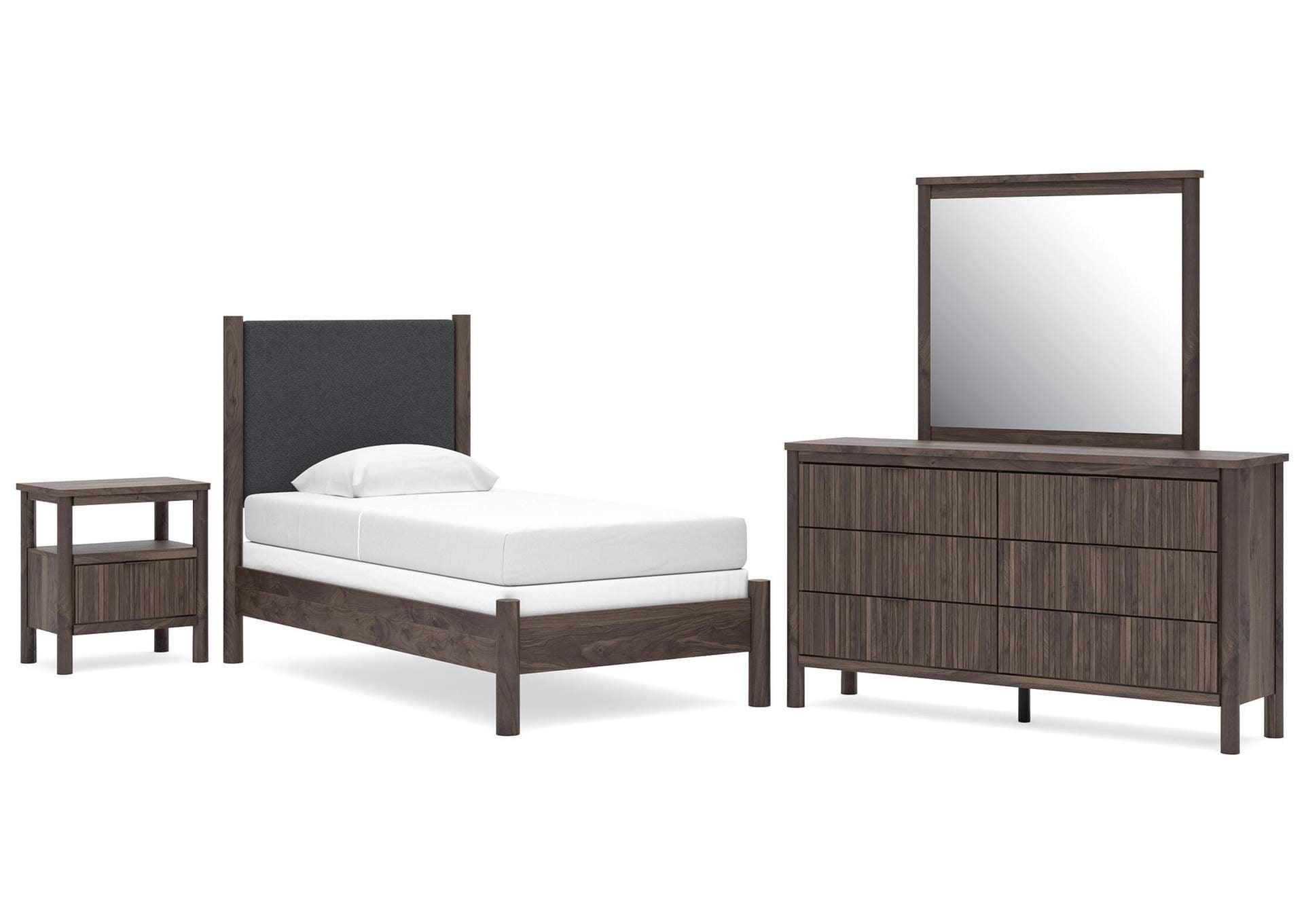 Cadmori Twin Upholstered Panel Bed, Dresser, Mirror, Chest and Nightstand