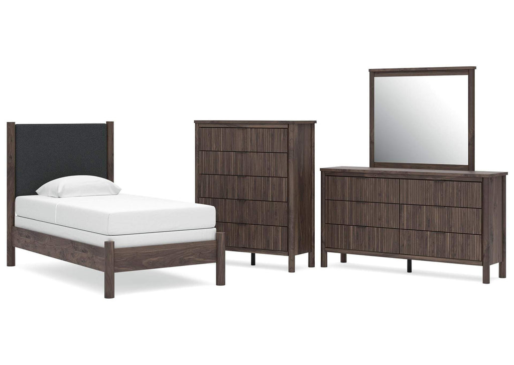 Cadmori Twin Upholstered Panel Bed, Dresser, Mirror and Chest
