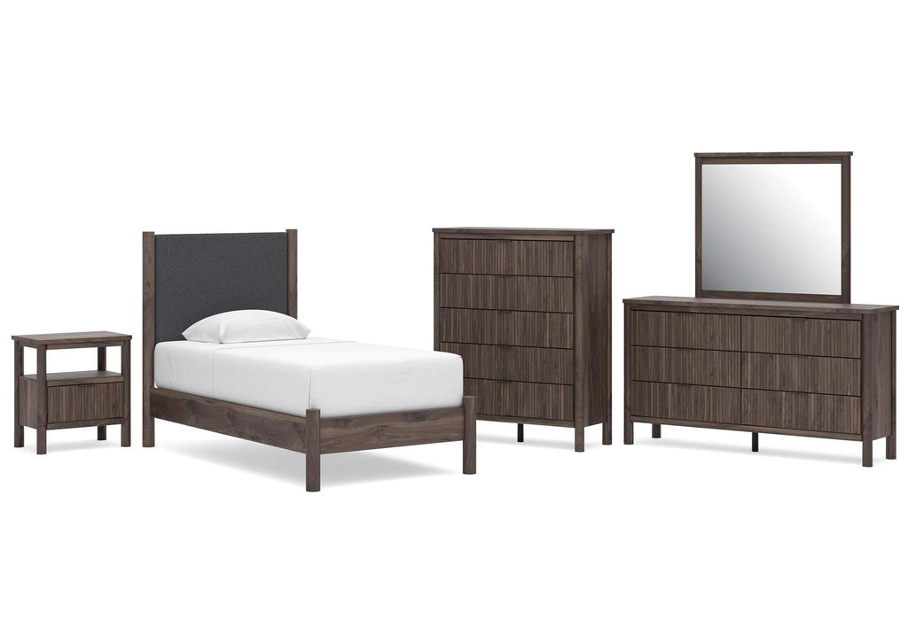 Cadmori Twin Upholstered Panel Platform Bed, Dresser, Mirror, Chest and Nightstand