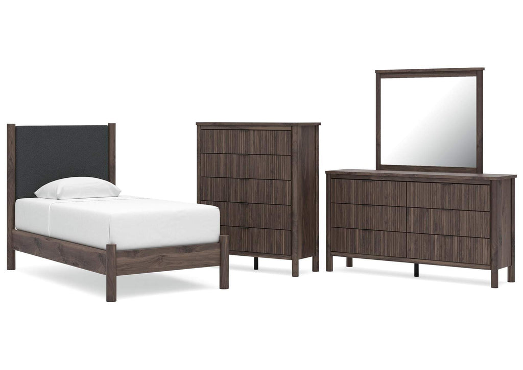 Cadmori Twin Upholstered Panel Platform Bed, Dresser, Mirror and Chest