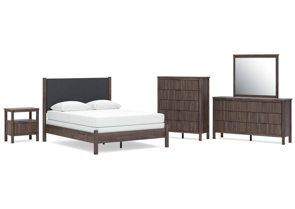 Cadmori Queen Upholstered Panel Bed, Dresser, Mirror, Chest and Nightstand