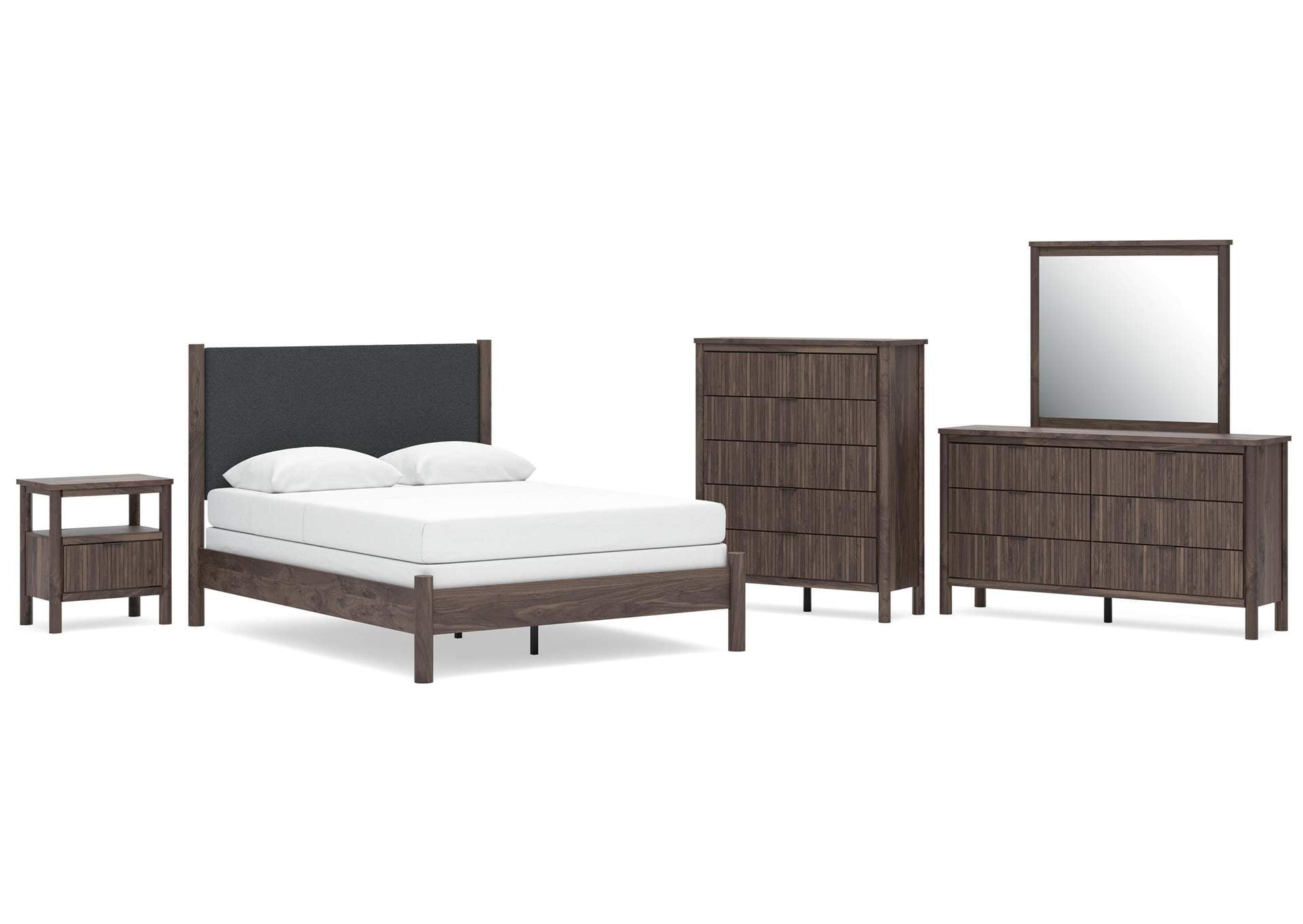 Cadmori Queen Upholstered Panel Bed, Dresser, Mirror, Chest and Nightstand