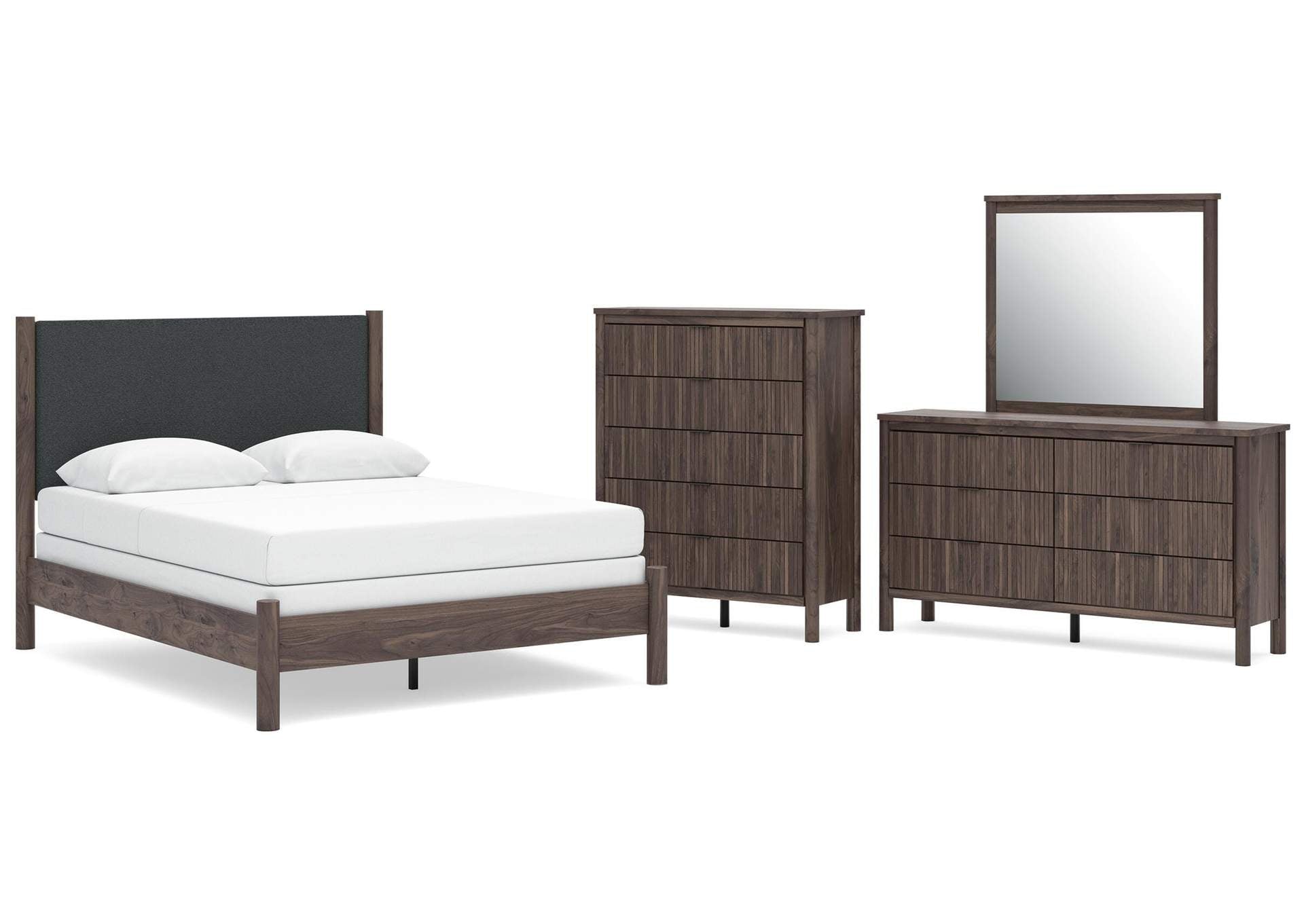 Cadmori Queen Upholstered Panel Bed, Dresser, Mirror and Chest