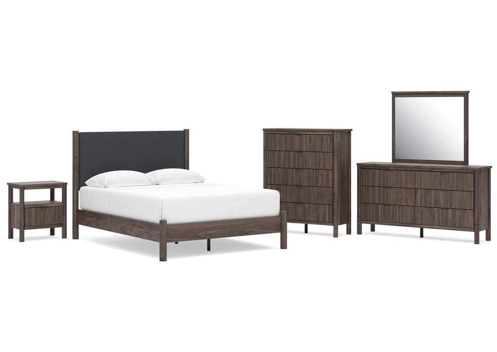 Cadmori Queen Upholstered Panel Platform Bed, Dresser, Mirror, Chest and Nightstand