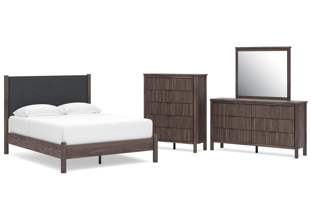 Cadmori Queen Upholstered Panel Platform Bed, Dresser, Mirror and Chest