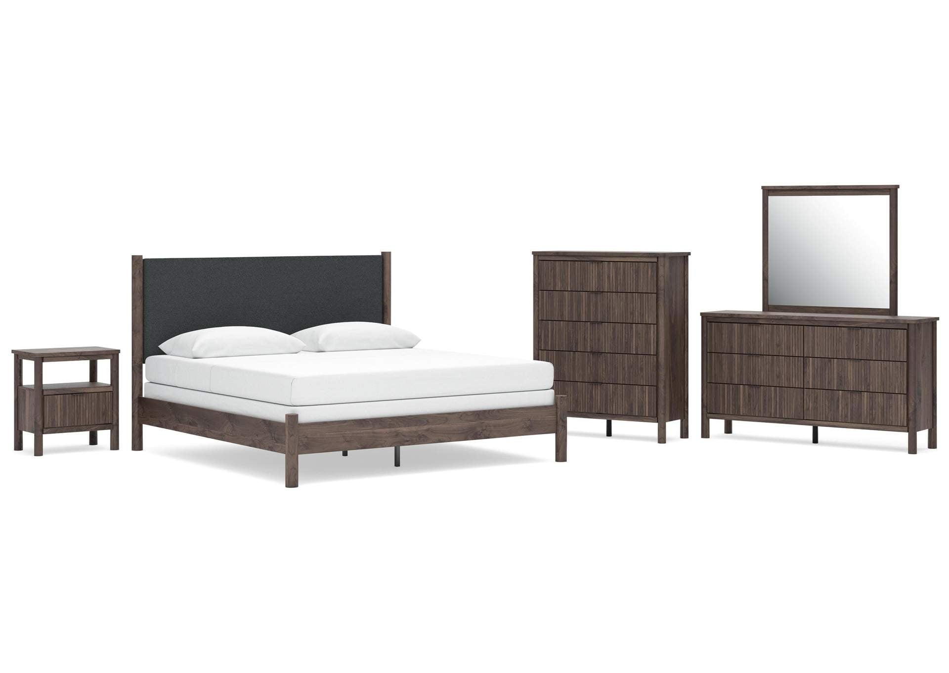 Cadmori King Upholstered Panel Bed, Dresser, Mirror, Chest and Nightstand