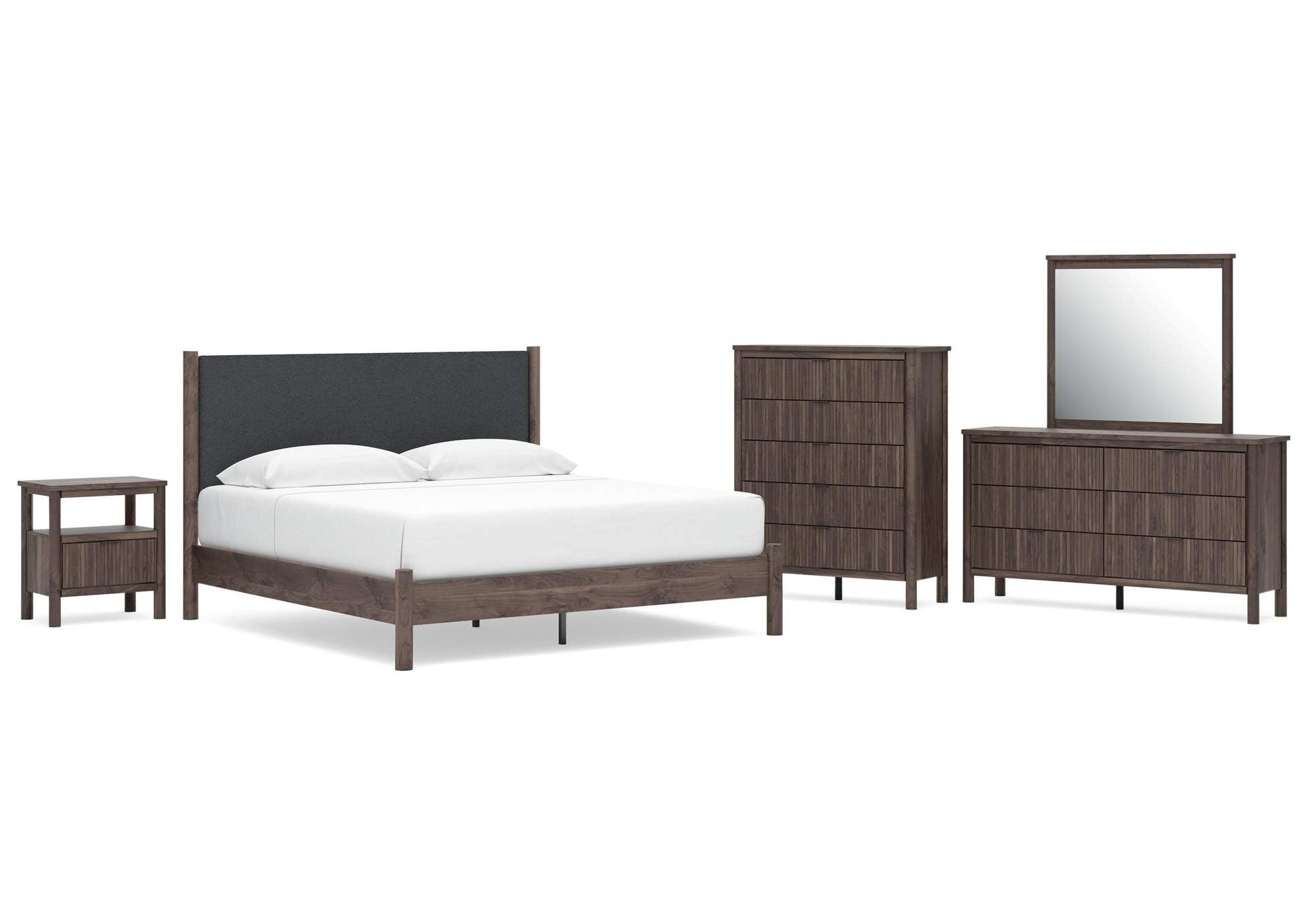 Cadmori King Upholstered Panel Platform Bed, Dresser, Mirror, Chest and Nightstand