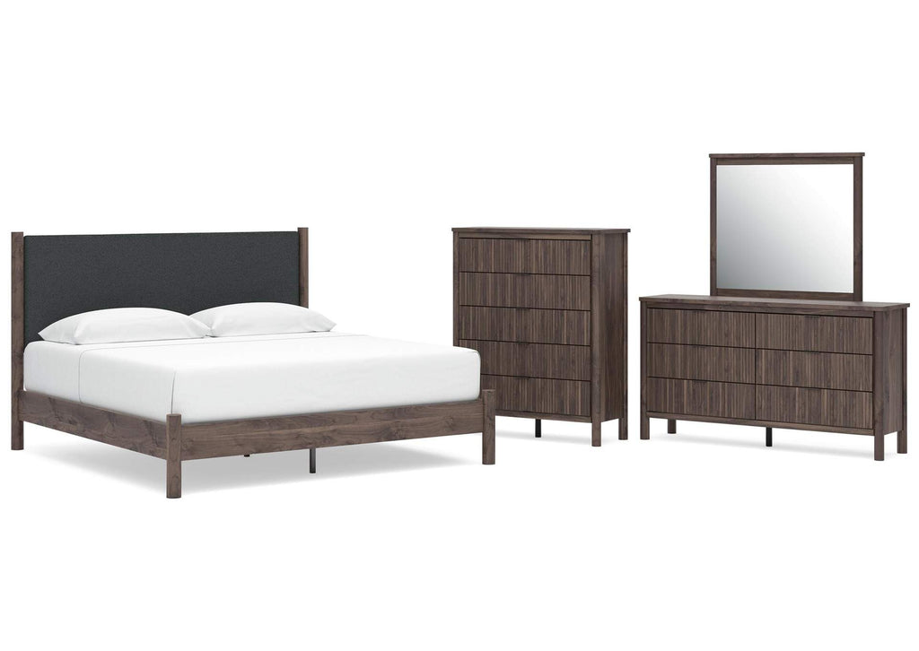 Cadmori King Upholstered Panel Platform Bed, Dresser, Mirror and Chest