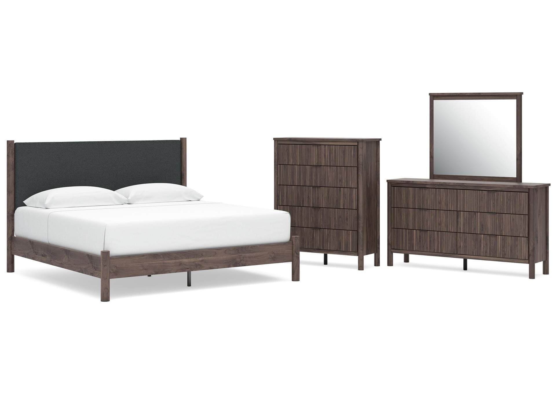 Cadmori King Upholstered Panel Platform Bed, Dresser, Mirror and Chest