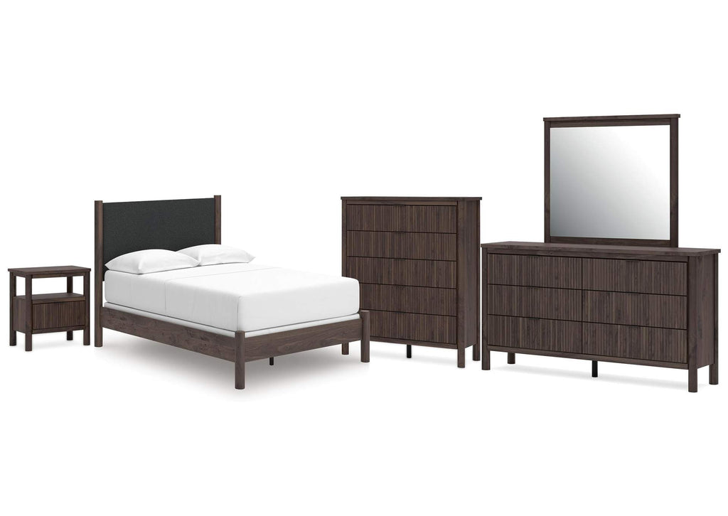 Cadmori Full Upholstered Panel Bed, Dresser, Mirror, Chest and Nightstand