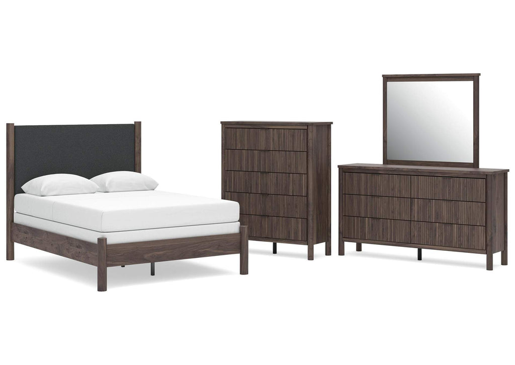 Cadmori Full Upholstered Panel Bed, Dresser, Mirror and Chest