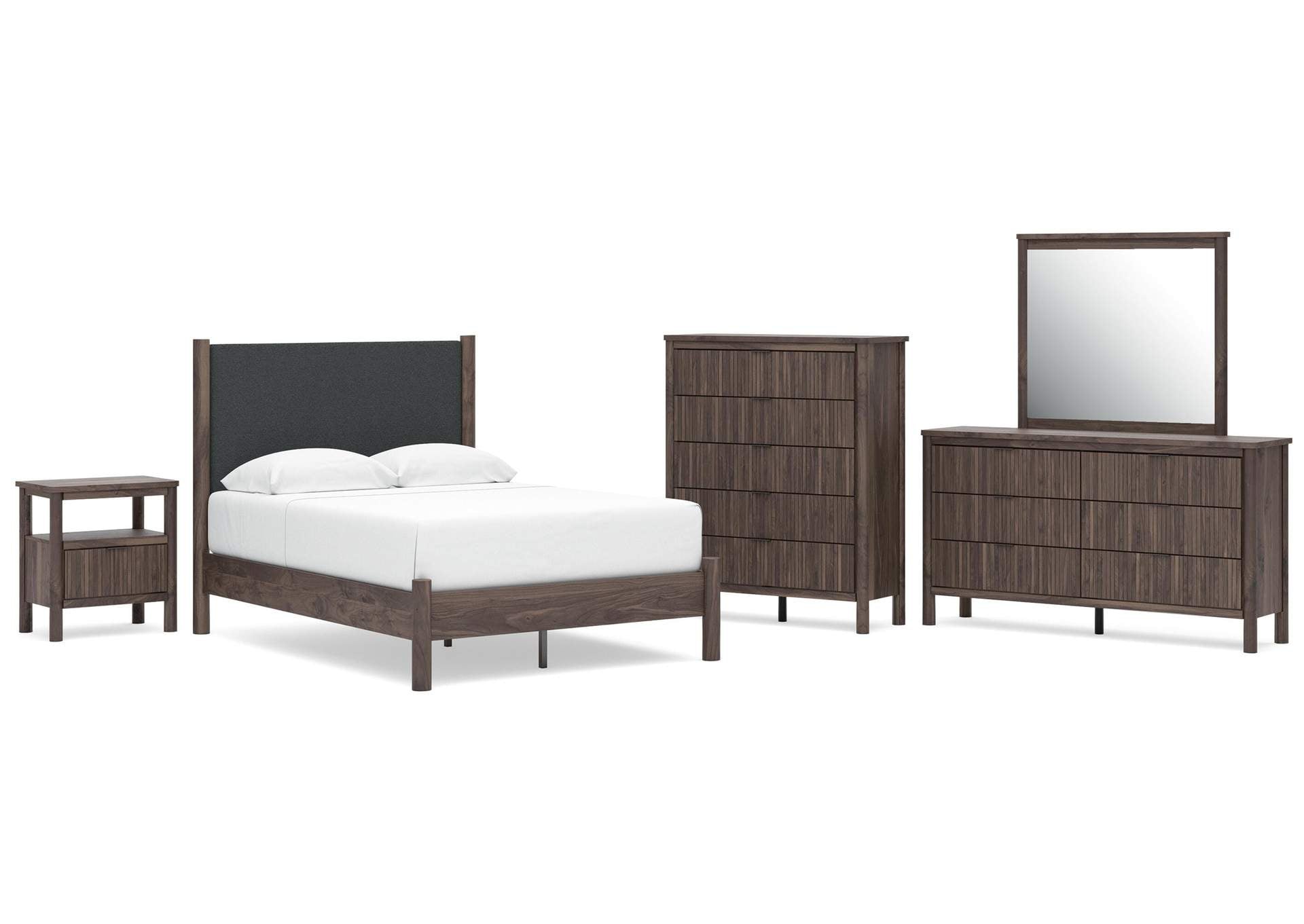 Cadmori Full Upholstered Panel Platform Bed, Dresser, Mirror, Chest and Nightstand