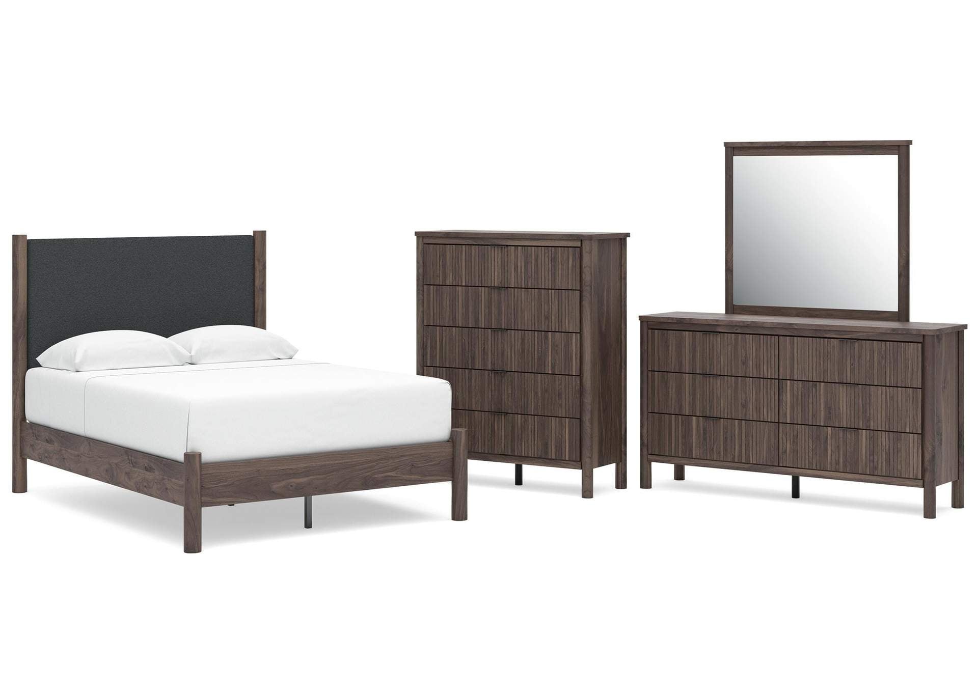 Cadmori Full Upholstered Panel Platform Bed, Dresser, Mirror and Chest