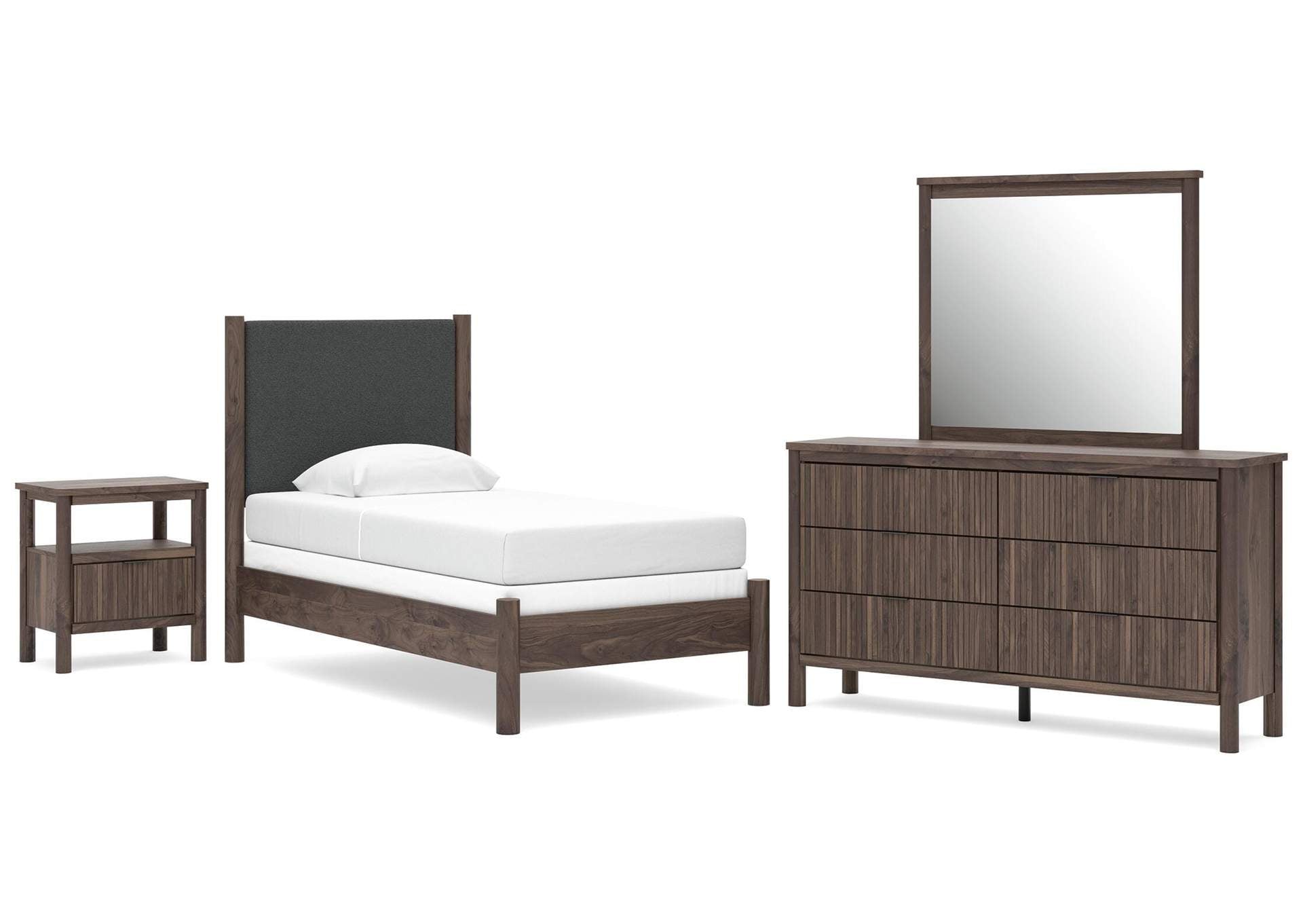 Cadmori Twin Upholstered Panel Bed, Dresser, Mirror and Nightstand