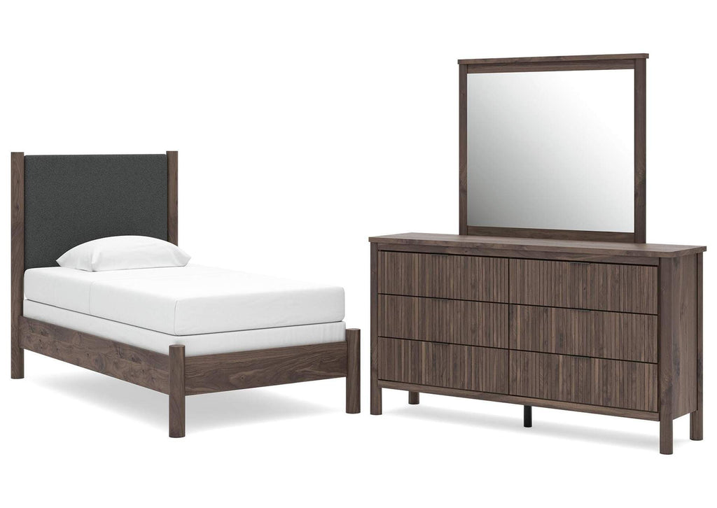 Cadmori Twin Upholstered Panel Bed, Dresser and Mirror