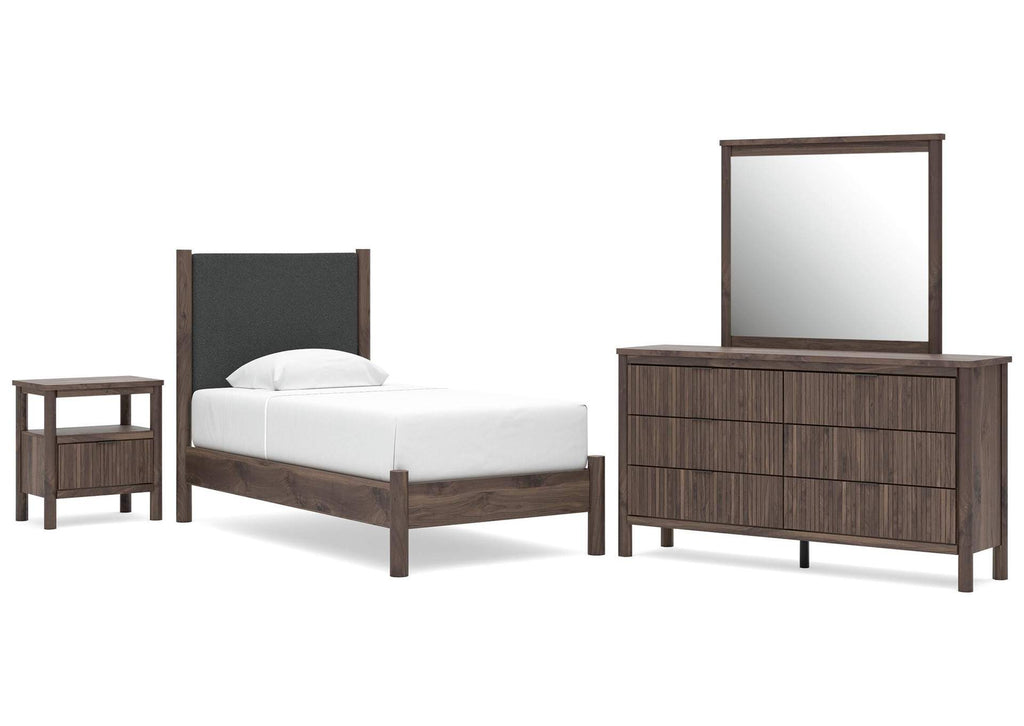 Cadmori Twin Upholstered Panel Platform Bed, Dresser, Mirror and Nightstand