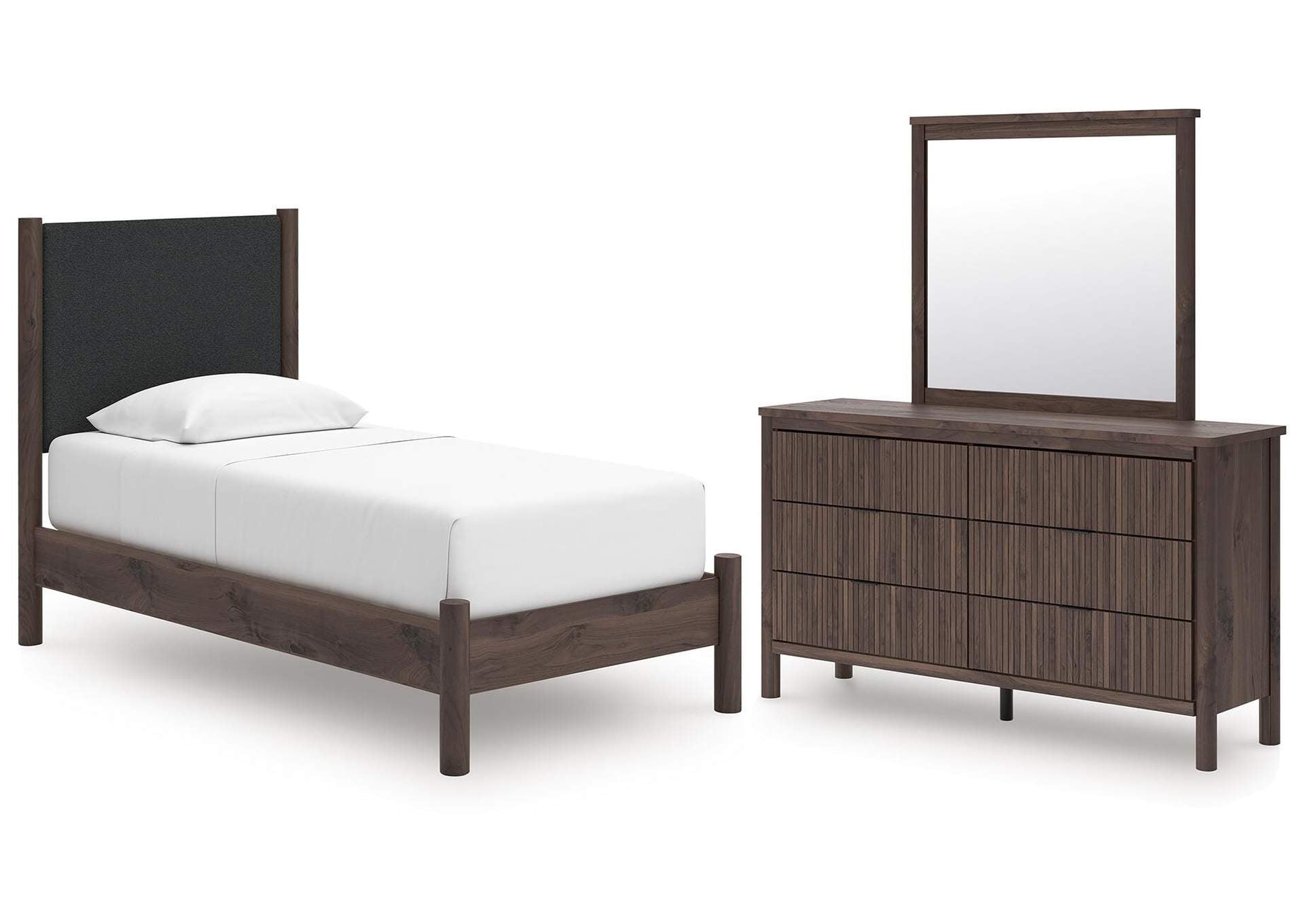 Cadmori Twin Upholstered Panel Platform Bed, Dresser and Mirror