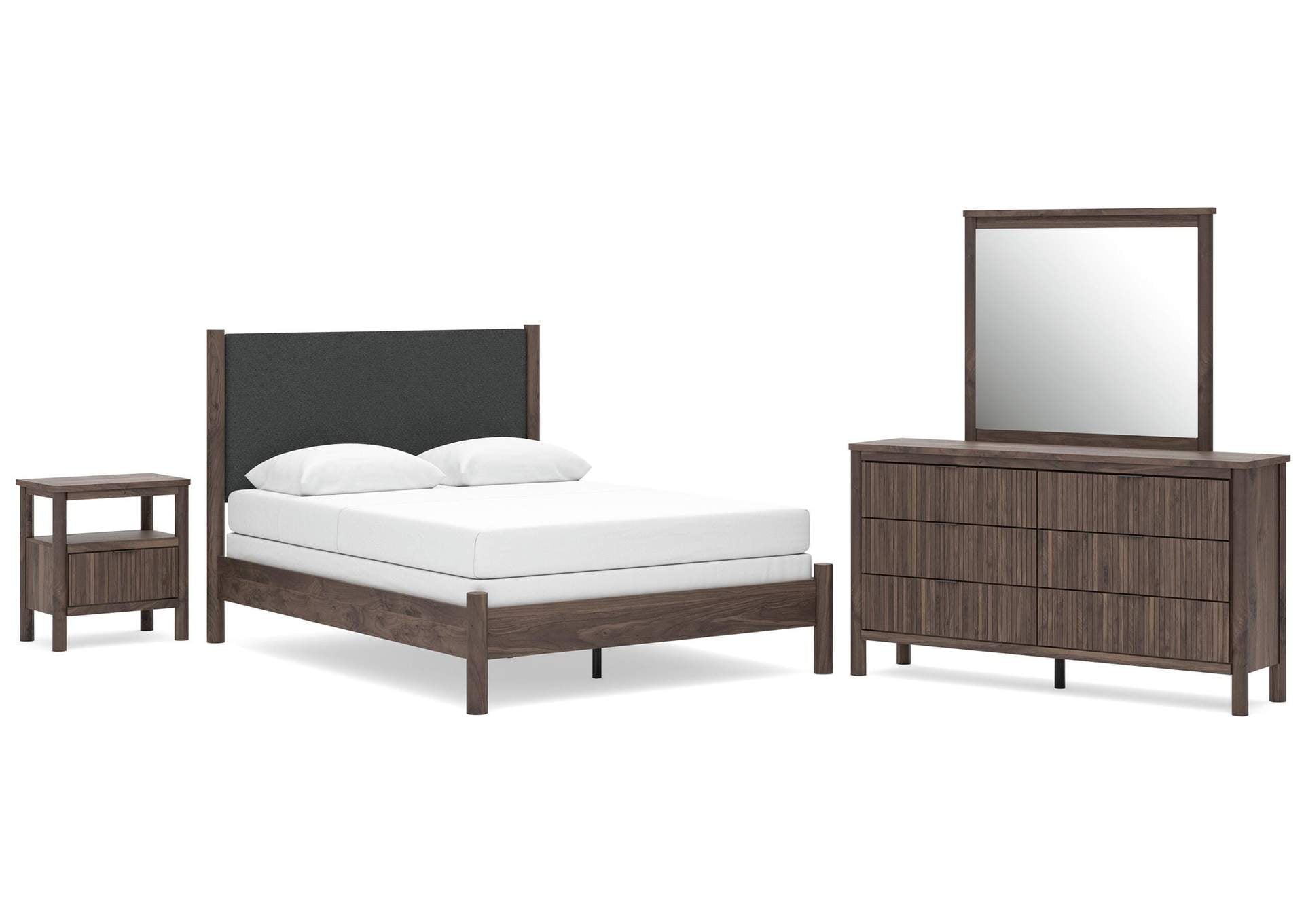 Cadmori Queen Upholstered Panel Bed, Dresser, Mirror and Nightstand