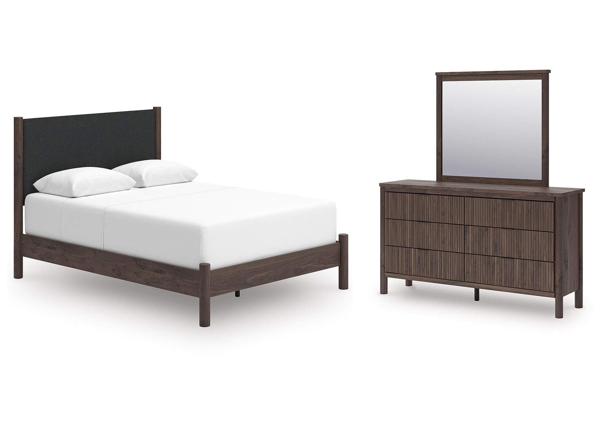 Cadmori Queen Upholstered Panel Bed, Dresser and Mirror