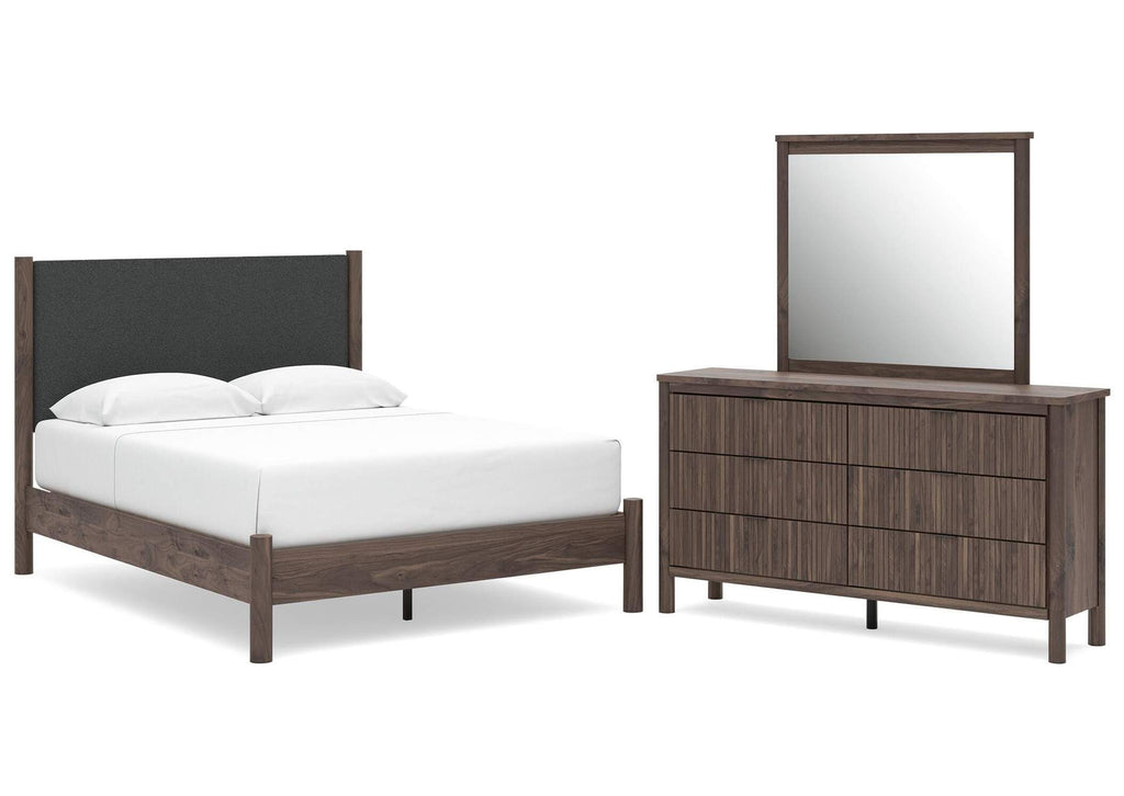 Cadmori Queen Upholstered Panel Platform Bed, Dresser and Mirror