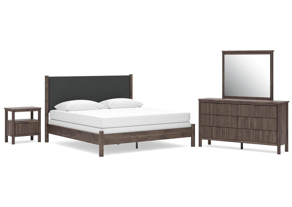 Cadmori King Upholstered Panel Bed, Dresser, Mirror and Nightstand