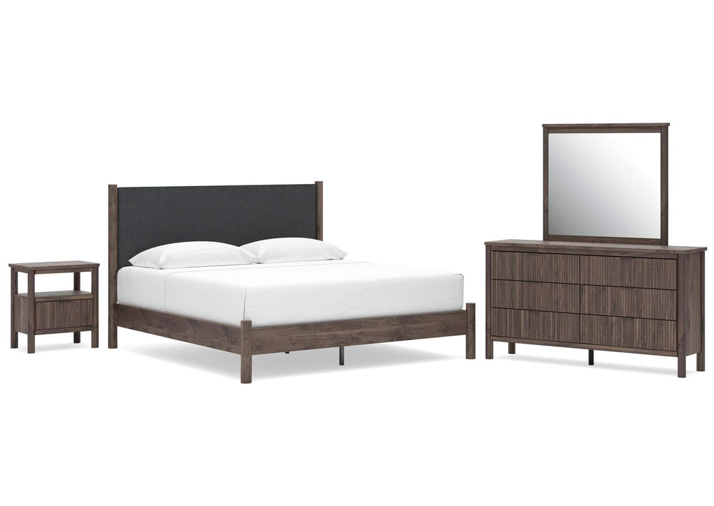 Cadmori King Upholstered Panel Platform Bed, Dresser, Mirror and Nightstand