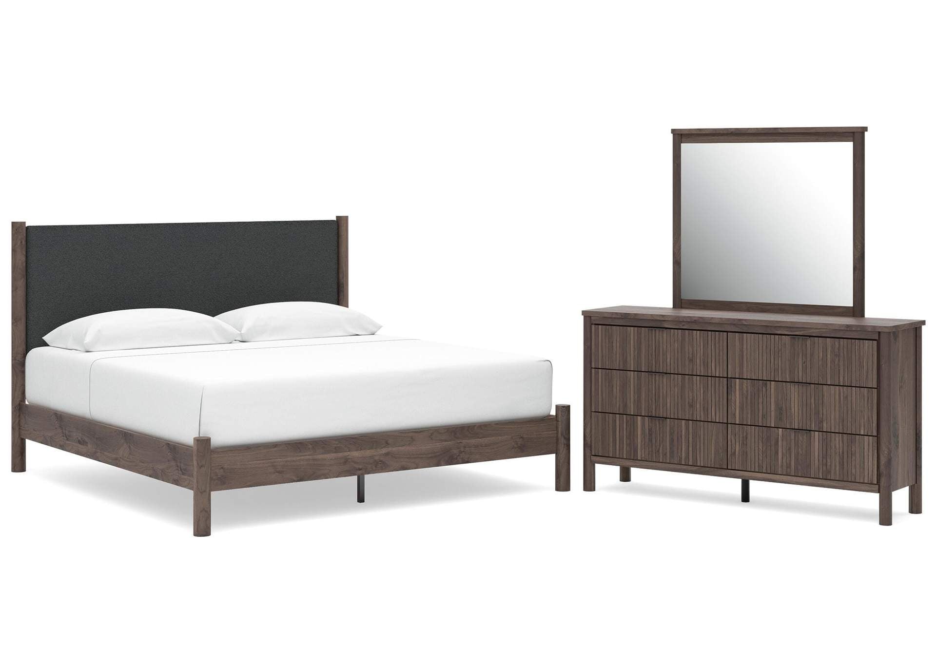 Cadmori King Upholstered Panel Platform Bed, Dresser and Mirror