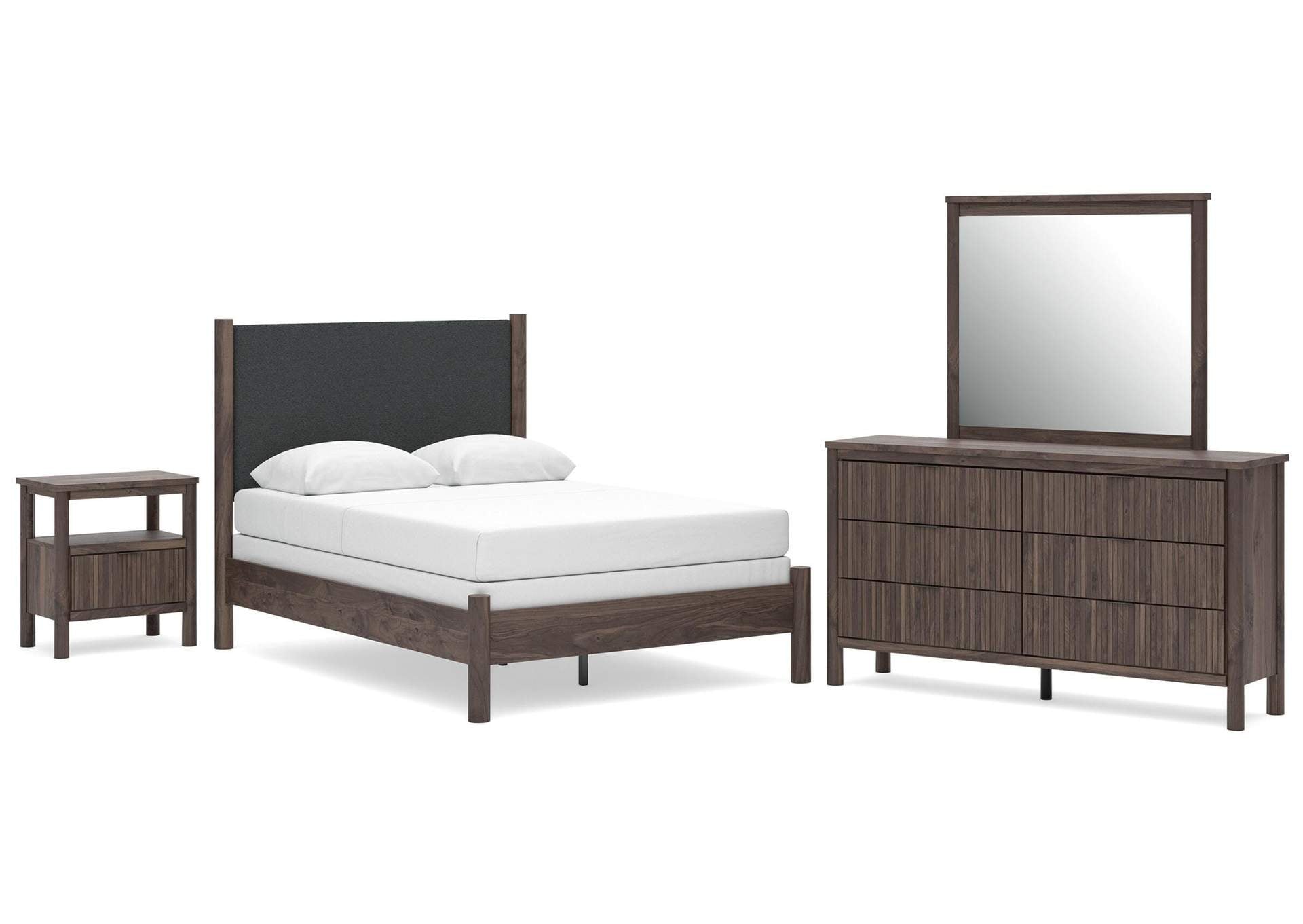 Cadmori Full Upholstered Panel Bed, Dresser, Mirror and Nightstand