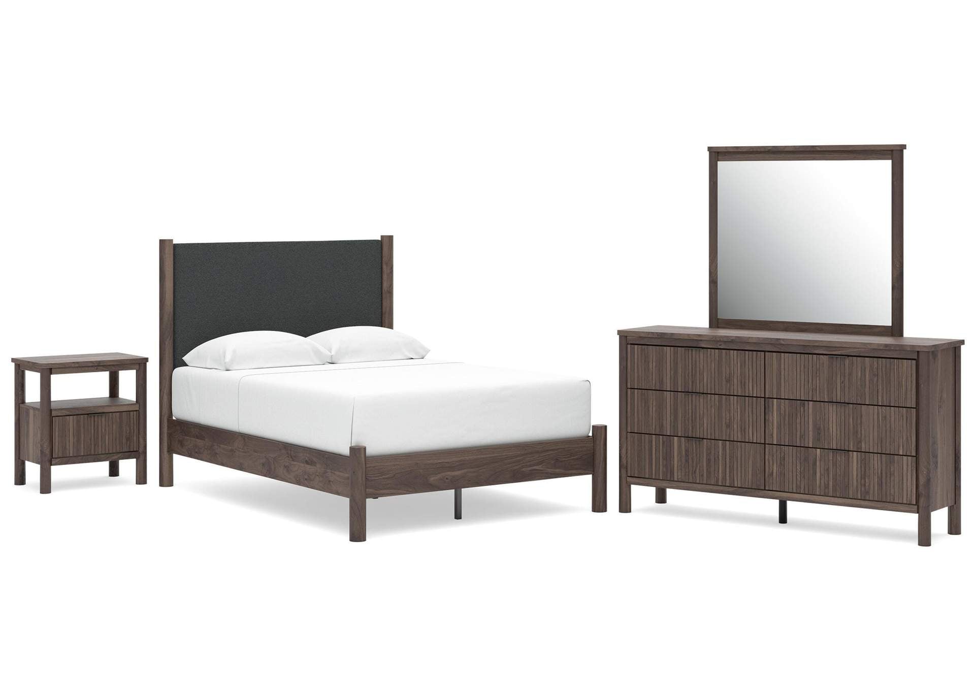 Cadmori Full Upholstered Panel Platform Bed, Dresser, Mirror and Nightstand