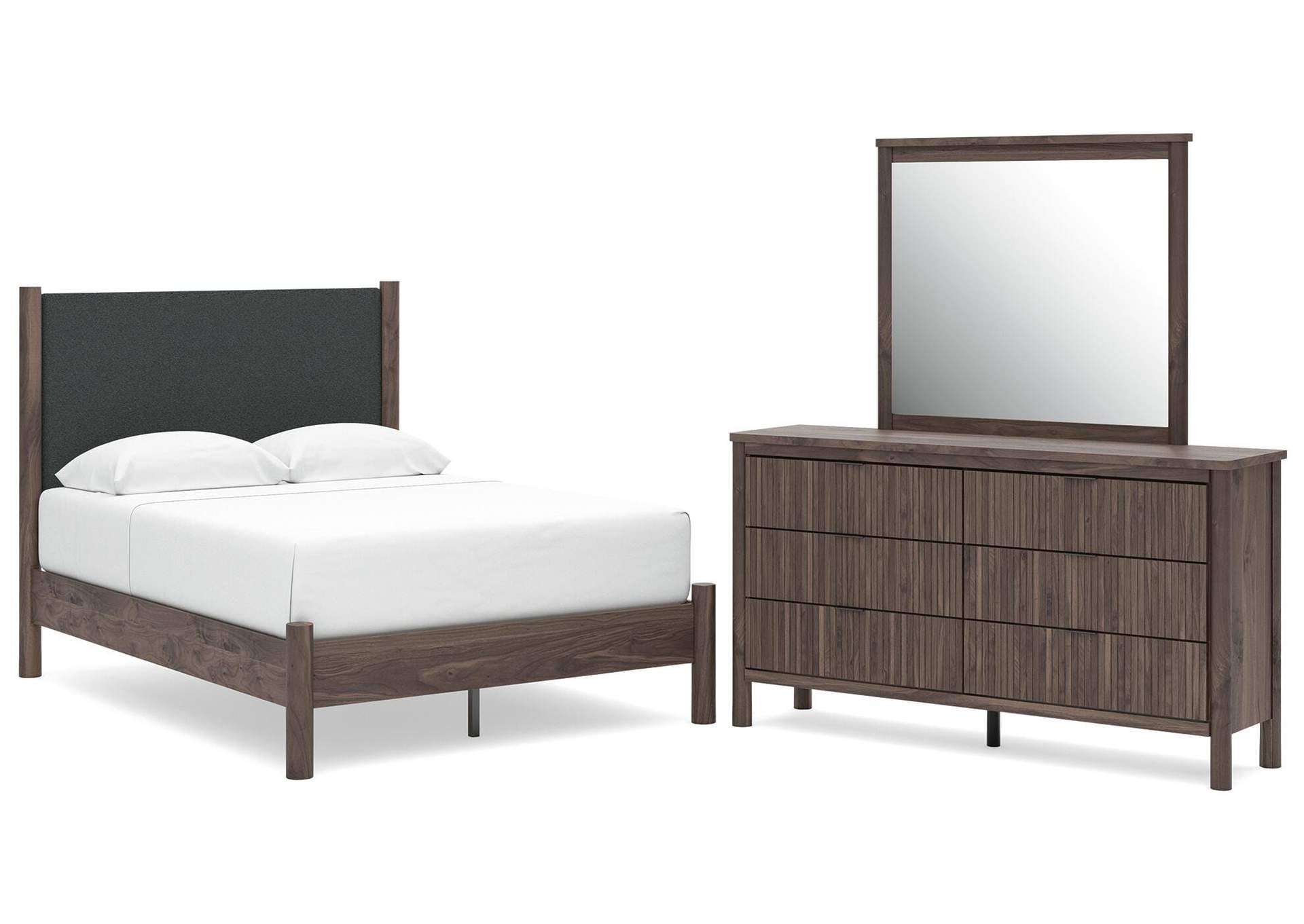Cadmori Full Upholstered Panel Platform Bed, Dresser and Mirror