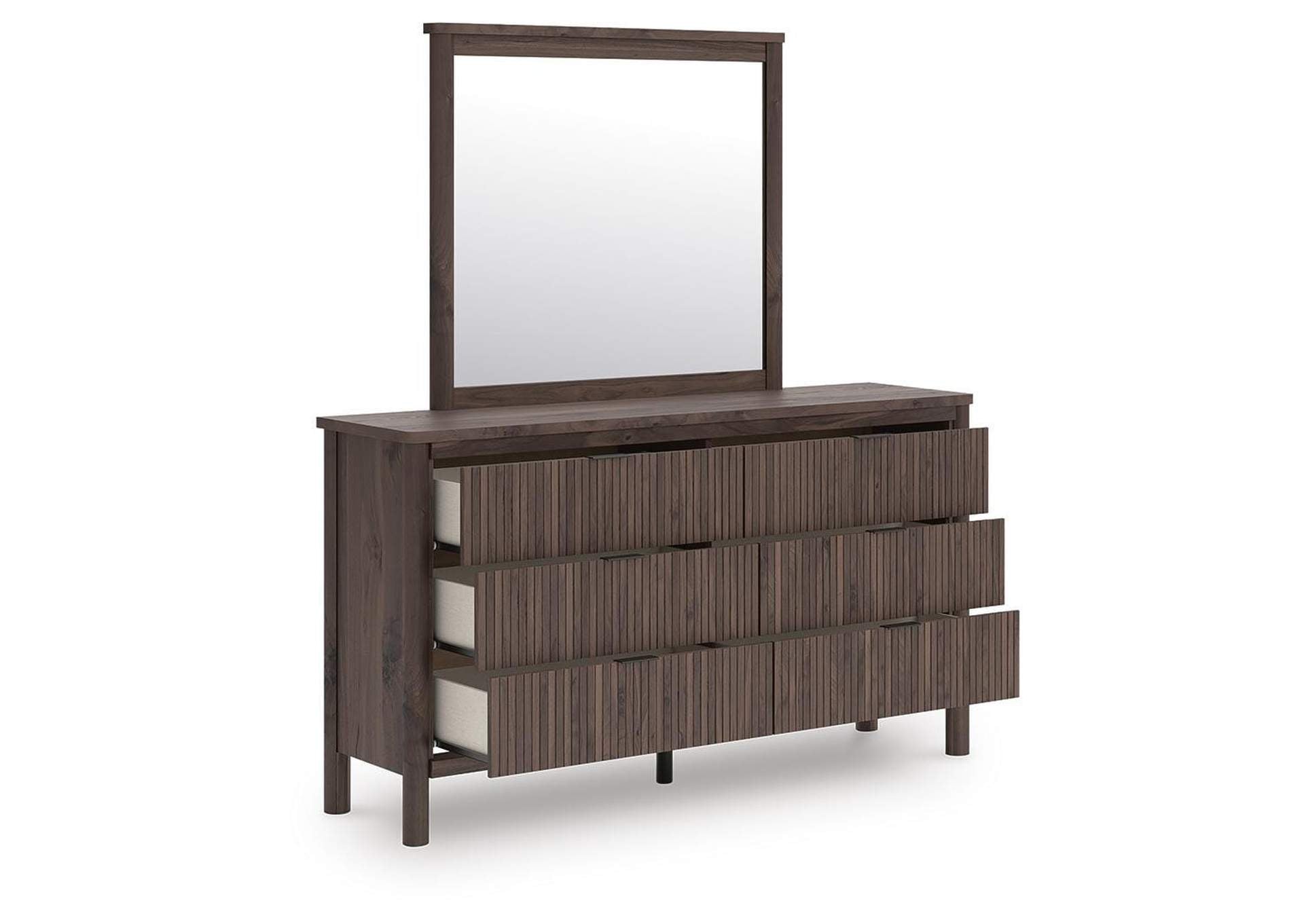 Cadmori Twin Upholstered Panel Bed, Dresser and Mirror angled view