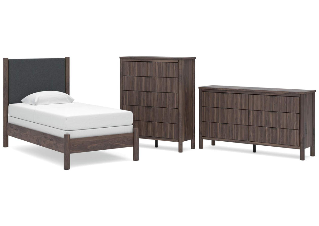 Cadmori Twin Upholstered Panel Bed, Dresser and Chest