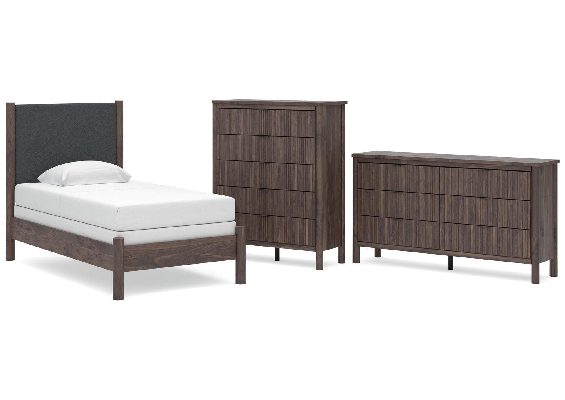 Cadmori Twin Upholstered Panel Bed, Dresser and Chest