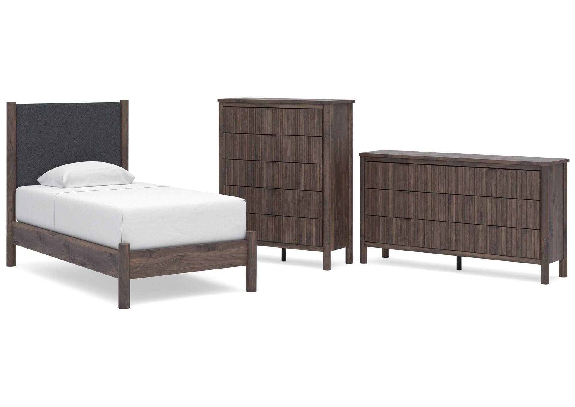 Cadmori Twin Upholstered Panel Platform Bed, Dresser and Chest