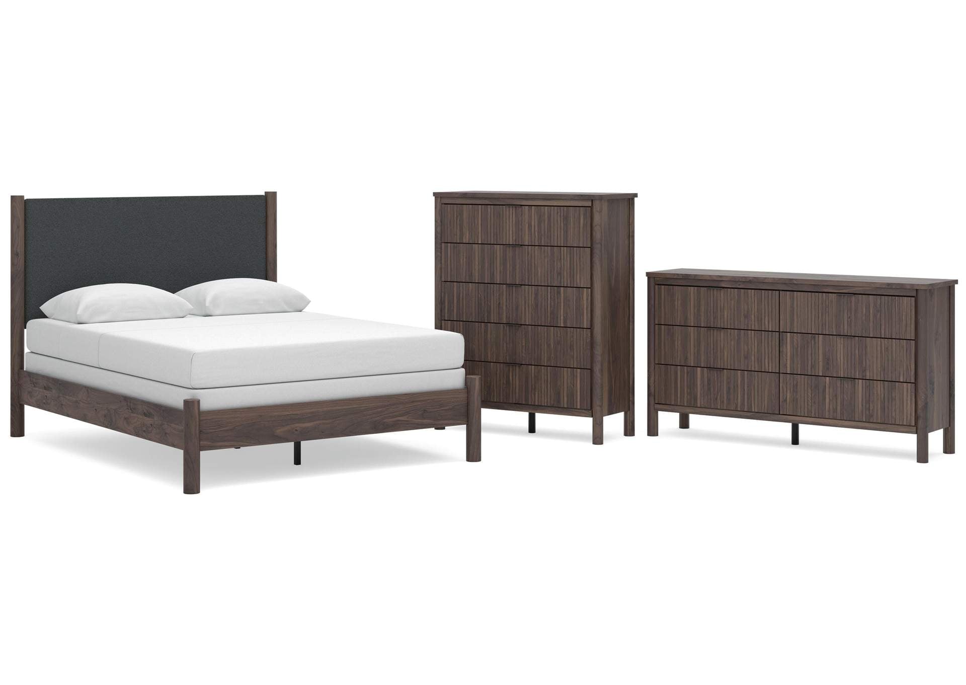 Cadmori Queen Upholstered Panel Bed, Dresser and Chest