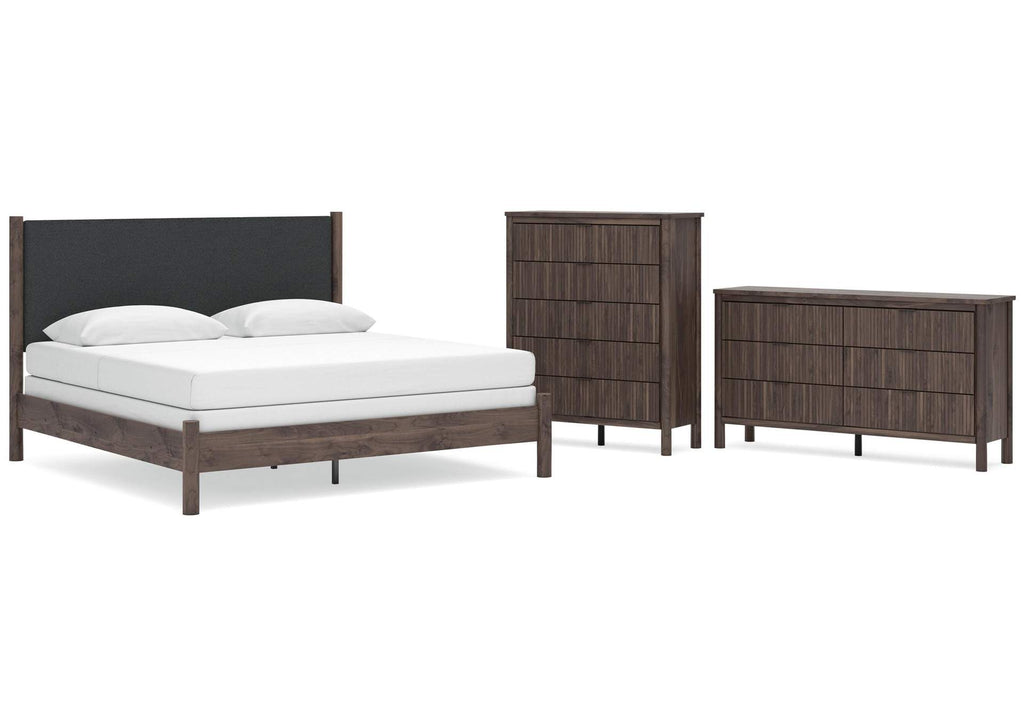 Cadmori King Upholstered Panel Bed, Dresser and Chest